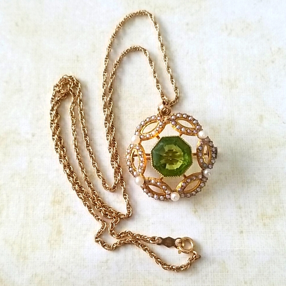 Vintage 14k Gold Cultured Pearl and Peridot Pendant Brooch Combo Necklace - Picture 7 of 16